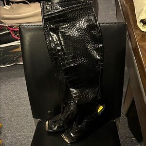 Black Croc-Embossed Knee-High Boots